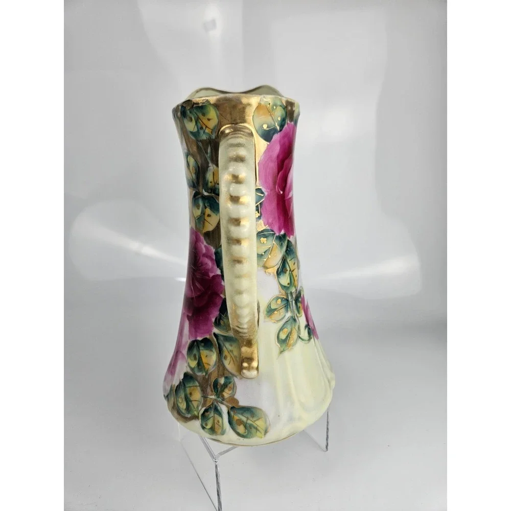 Vintage Hand Painted Rose‎ Porcelain Pitcher Gold Gilt Trim Wow!